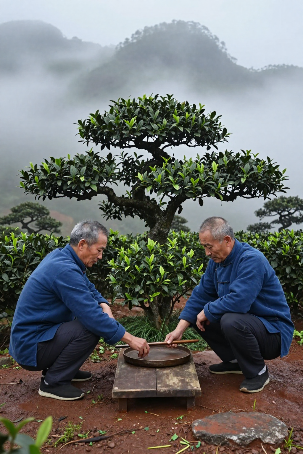 乌岽山两位老师傅在老宋种茶树下