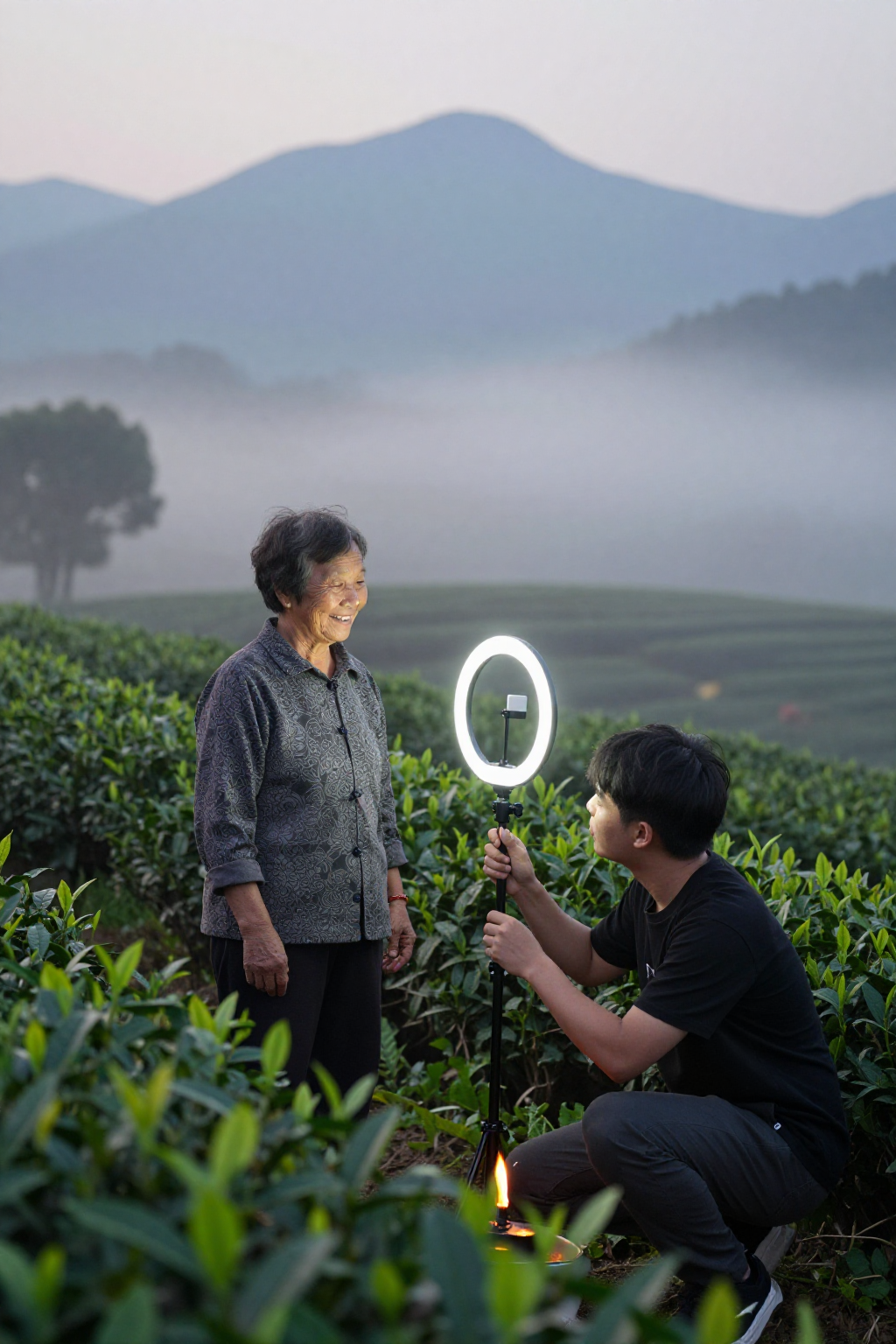 阿凤姐和阿明在茶园调试补光灯