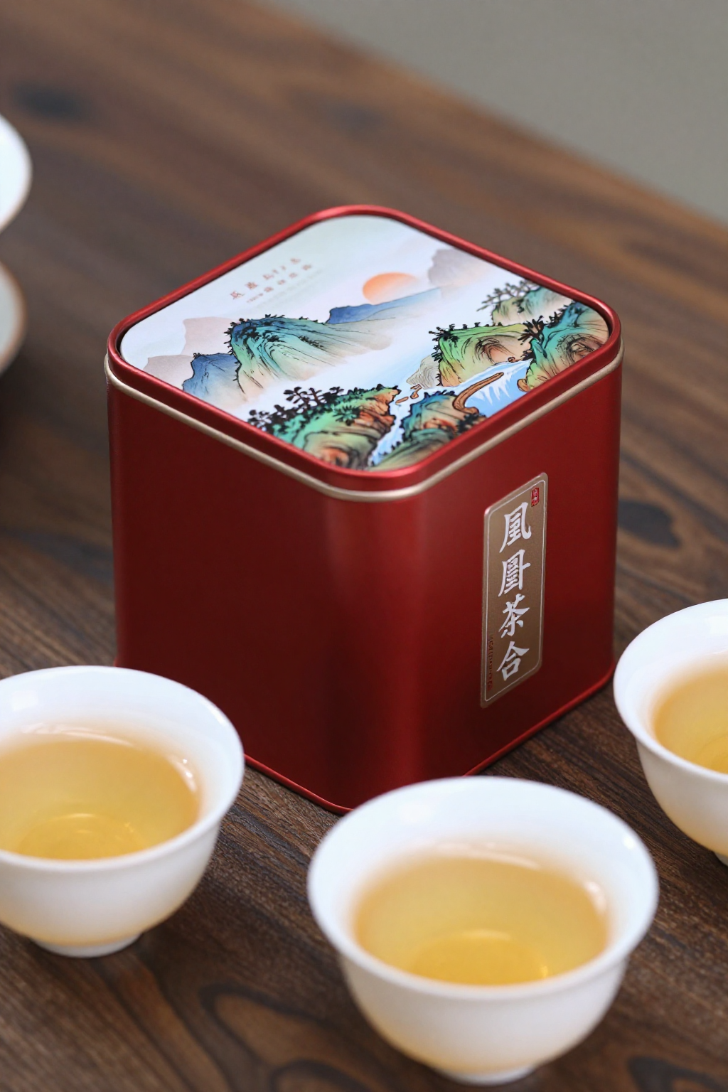 深红茶罐+白瓷杯金黄茶汤特写