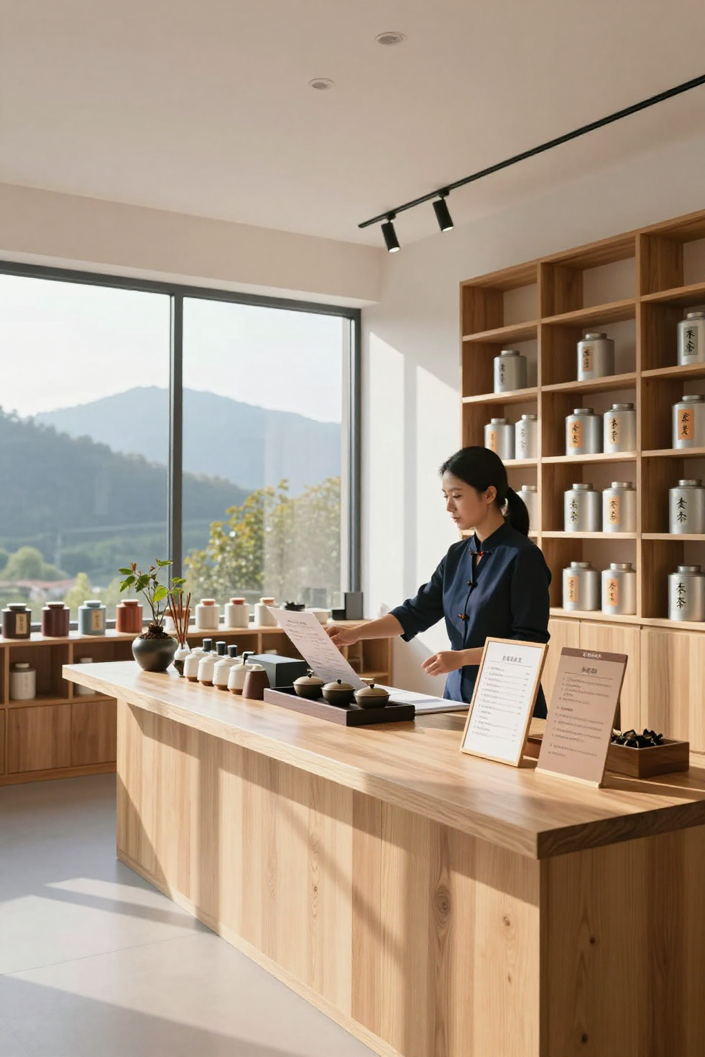 现代茶店全景，窗外凤凰山景
