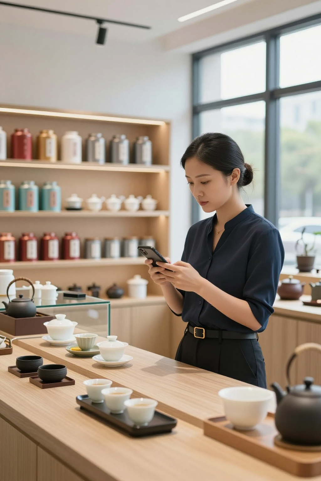 阿凤姐在茶店柜台刷手机看测评