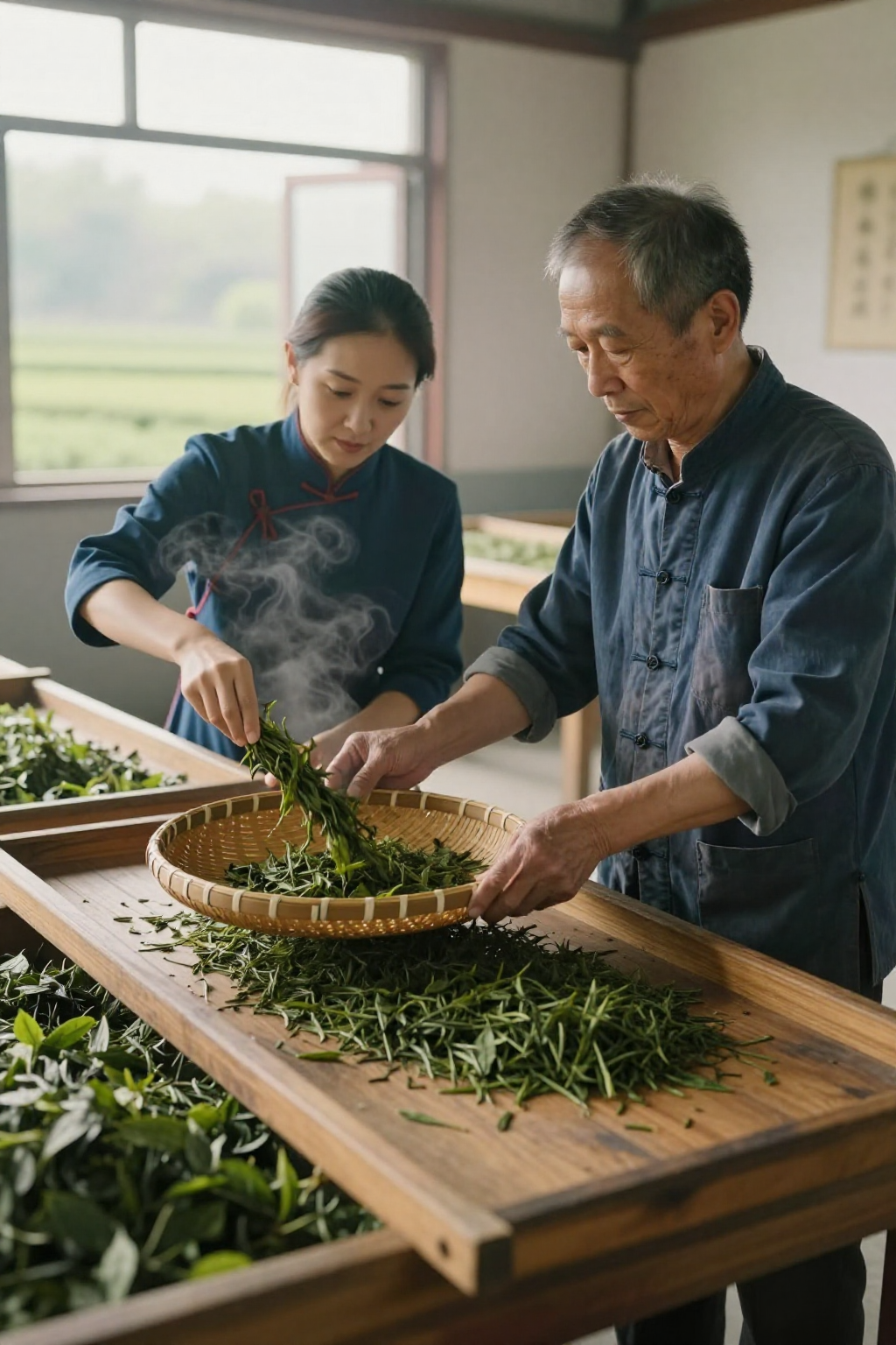 清晨老师傅和阿凤姐合力倒焙好的茶叶
