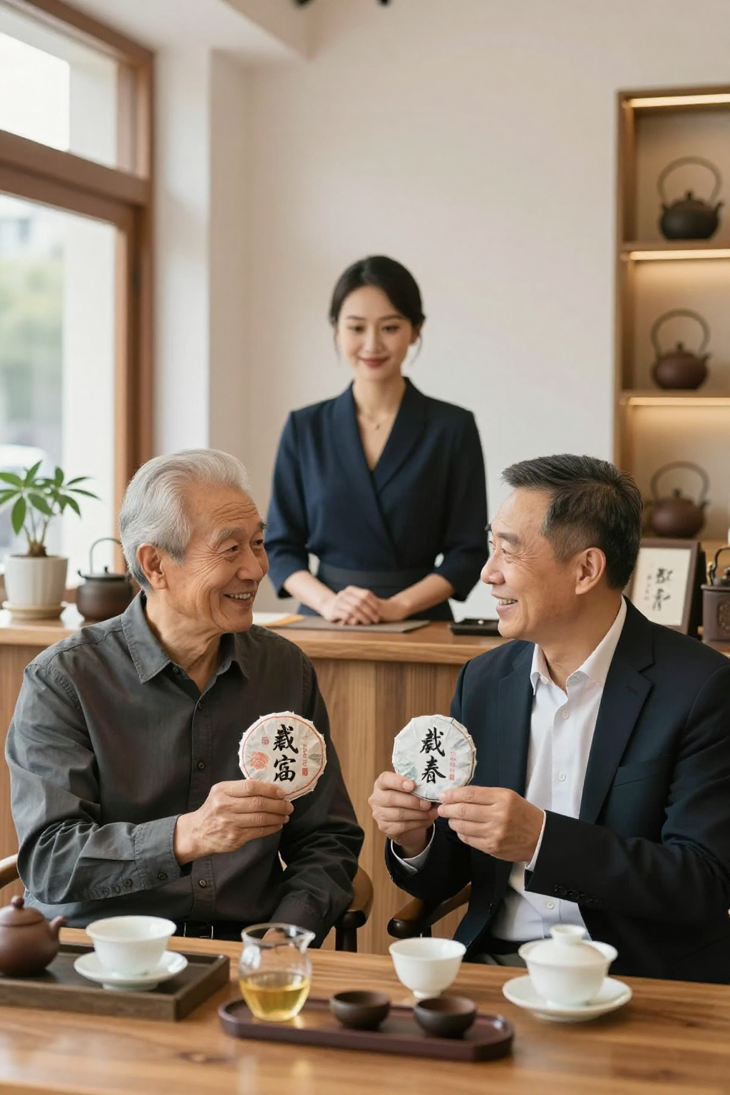 陈伯和阿林在阿凤姐店中取普洱茶礼
