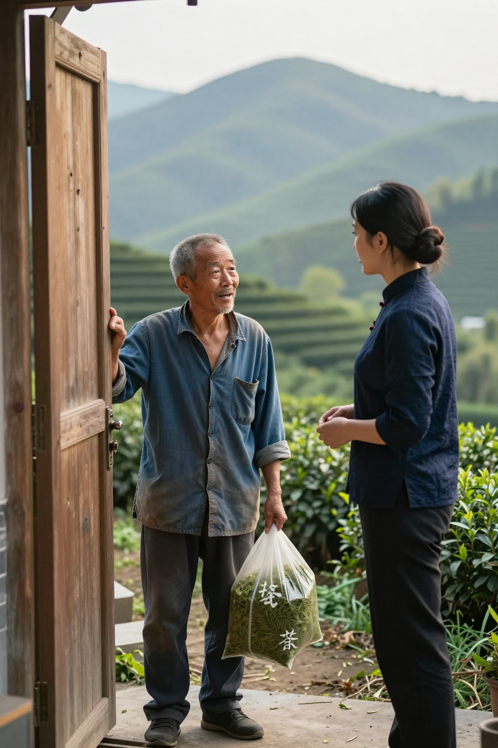 凤凰山清晨6点30分老陈家门口凤姐同老茶农谈价