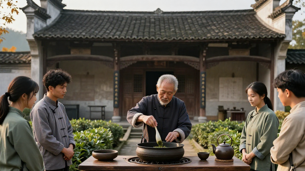 文师傅在祠堂前演示做青