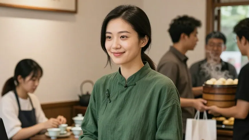 姚老师拎茶、陈老板抱虾饺、小美穿着围裙