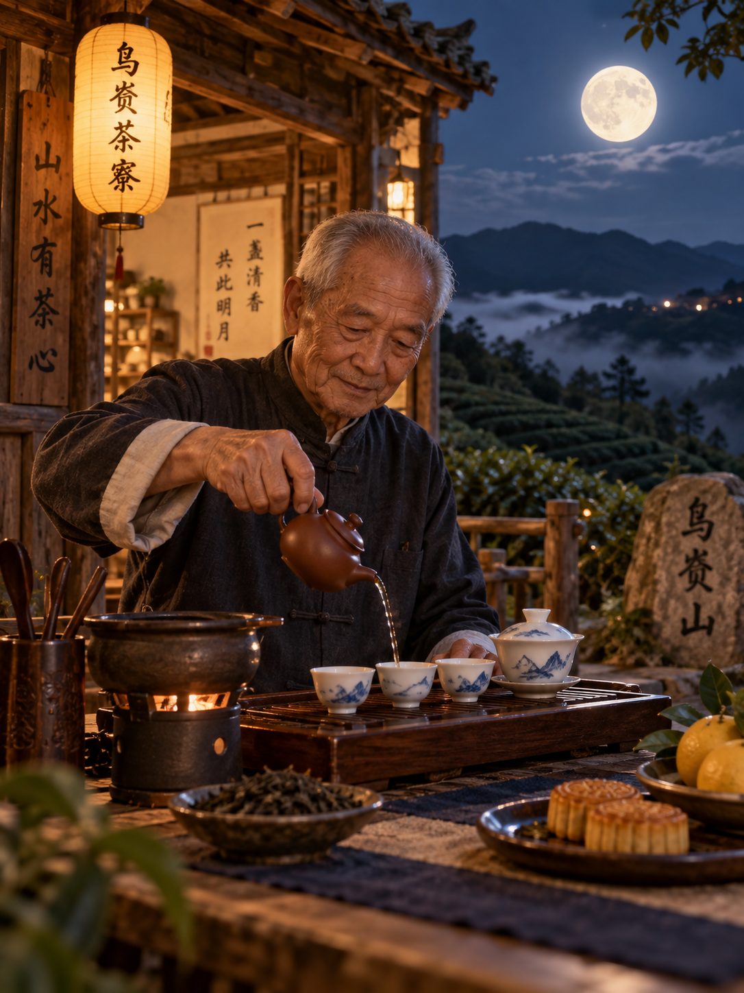 乌岽茶寮，中秋月夜，70岁老茶师